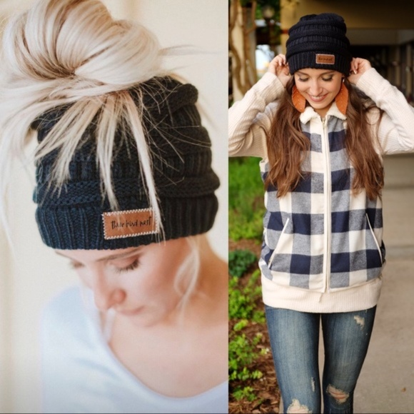 Infinity Raine Accessories - LAST ONE! Navy Messy Bun Knit Beanie